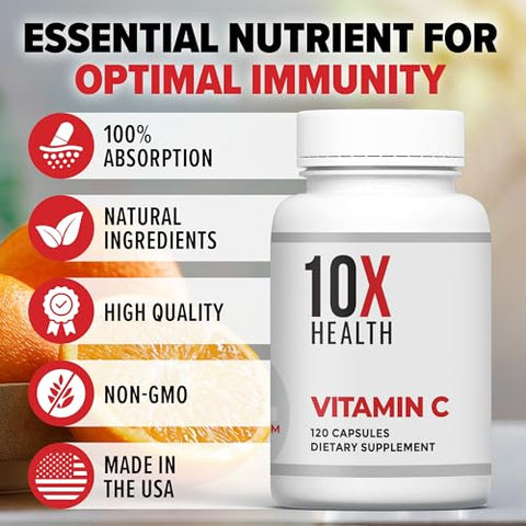10X Health System - 10X Health – Suplemento de Vitamina C 1000mg para Suporte Imunológico – Ácido Ascórbico – Ótimo para Recuperação Tecidual