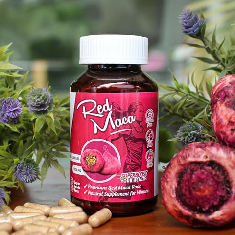 Red Maca Cápsulas para Mulheres l 3000mg por Dia Suplemento de Saúde Feminina l Estimulante de Energia e Regulador Hormonal l 100%% Orgânico e Natural de Raiz de Maca l (100 Unidades) - Sikyriah