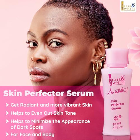 FAIR & WHITE - Fair and White So White Serum Clareador de Pele 30ml – Rosto, Cotovelos, Joelhos, Pés – com Ácido Kójico e Óleo de Rícino