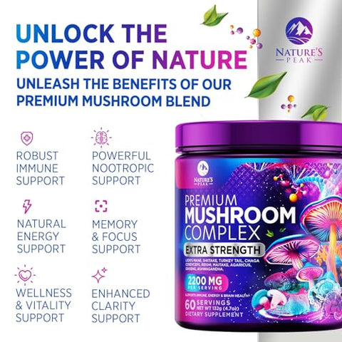 Nature's Peak - Blend em Pó de Suplemento de Cogumelo – Lion’s Mane, Chaga, Complexo Nootrópico 11 em 1 – 100g