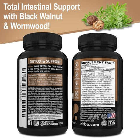 DR. BO - Pílulas de Limpeza do Cólon – Desintoxicação Corporal: Suplemento Natural para Limpeza Intestinal e Perda de Peso – Complexo de Limpeza para Estômago, Mulheres, Homens e Crianças – Artemísia, Nogueira Preta e Cravo