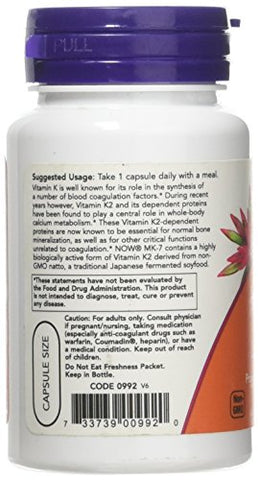 MK-7 Vitamina K-2 100 mcg Cápsulas Vegetais, 60 Unidades (3 Pacotes) - NOW Foods
