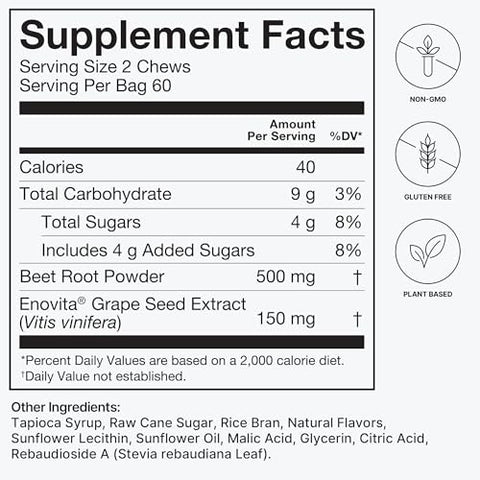 SuperBeets Heart Chews – Suporte para Pressão Arterial e Óxido Nítrico, Extrato de Semente de Uva – 60 g - humanN