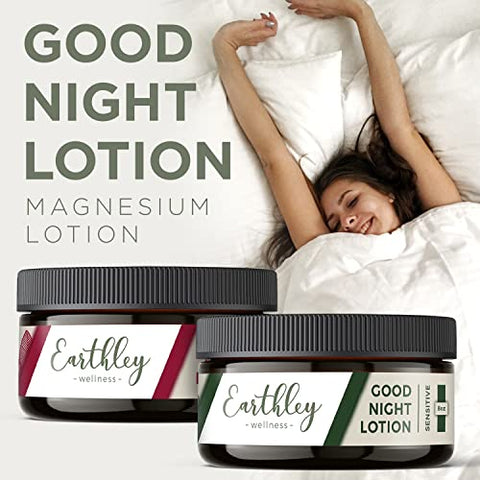 Loção Boa Noite, Loção de Magnésio, Óleo de Damasco, Manteiga de Karité, Manteiga de Manga, Cera de Candelilla, Óleo Essencial de Lavanda, Fragrância de Lavanda (180ml, Sensível) - Earthley Wellness