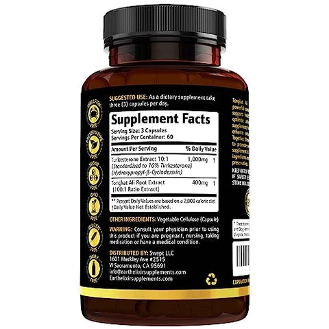 Earth Elixir - Turkesterone 1000mg e Tongkat Ali 400mg – 180 Cápsulas – Fabricado nos EUA – Máxima Pureza – Extrato de Tongkat Ali e Turkesterone para Homens – Sem Preenchedores – Não-OGM