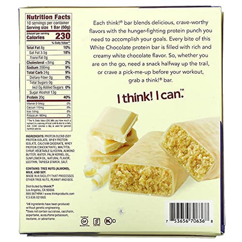 thinkThin - Think! Barras de Proteína de Alta Qualidade, Chocolate Branco, 10 Barras, 60g Cada
