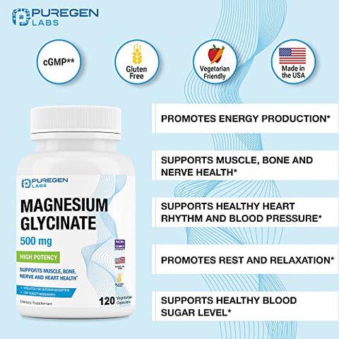 P Puregen Labs - Magnésio Glicinato 500mg [Alta Potência] 120 Cápsulas Vegetais, Quelado para Absorção Superior, Sem OGM, Sem Glúten e Lactose, Suporta Saúde Muscular, Articular e Cardíaca
