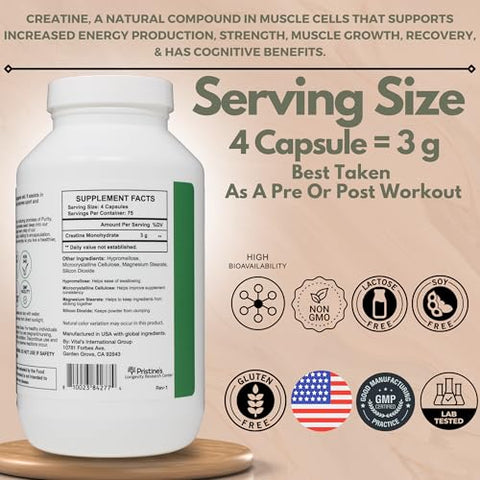 PRISTINE'S - PRISTINE’S Creatine Monohydrate 3000MG – Cápsulas de Suporte ao Crescimento Muscular – 75 Dias de Fornecimento – Sem Inchaço – Performance Atlética