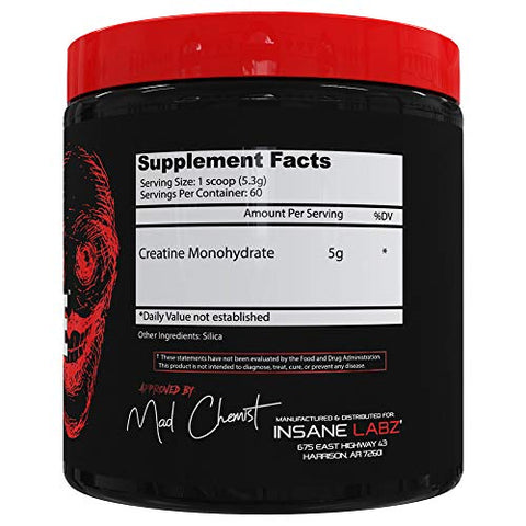 Pó de Creatina Monohidratada Insane – Sem Sabor – Pré-Treino, Pós-Treino, Força, Tamanho, Potência – 60 Porções - Insane Labz