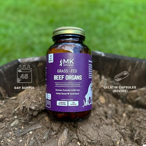 Órgãos de Boi Alimentados com Grama 3000 mg, 180 Cápsulas de Órgãos de Boi, Multivitamínico, 100%% Criados em Pasto na Nova Zelândia, Suprimento de 45 Dias, Fígado, Coração, Rim, Baço, Pâncreas - MK Supplements