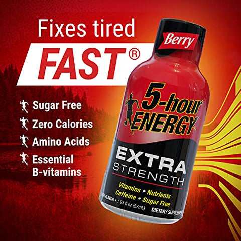 Shots Extra Strength, Sabor de Frutas Vermelhas | 1,93 oz (54,7 g) | Sem Açúcar, Zero Calorias | Aminoácidos e Vitaminas B Essenciais | Suplemento Alimentar | Sinta-se Alerta e Energizado - 5-hour ENERGY