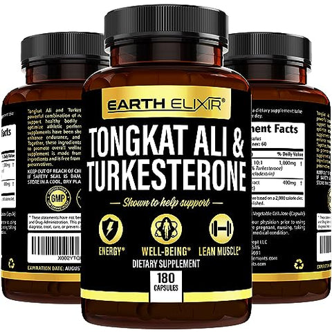 Earth Elixir - Turkesterone 1000mg e Tongkat Ali 400mg – 180 Cápsulas – Fabricado nos EUA – Máxima Pureza – Extrato de Tongkat Ali e Turkesterone para Homens – Sem Preenchedores – Não-OGM