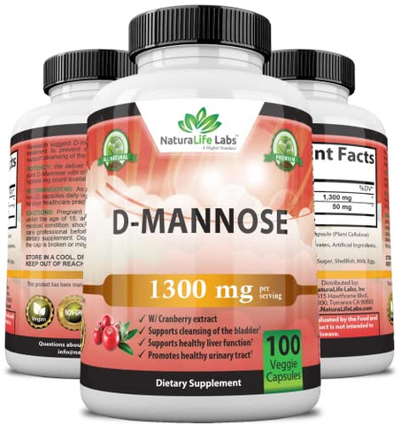 NaturaLife Labs A Higher Standard - D-Mannose 1,300 mg com Extrato de Cranberry – Ação Rápida, Elimina Impurezas, Saúde do Trato Urinário – 100 Cápsulas Vegetarianas