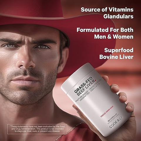 Superalimento de Fígado Bovino Desidratado, Não Desengordurado, em Cápsulas Glandulares, Vitaminas de Fígado Bovino, Carne de Fígado Não-OGM, Criado em Pasto - Codeage