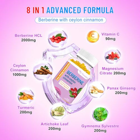 VZOXAINS - Gomas de Berberina com Canela do Ceilão, 2000 mg de Alta Potência de Berberina HCI, Suporte à Saúde Imunológica, 120 Gomas com Sabor de Manga