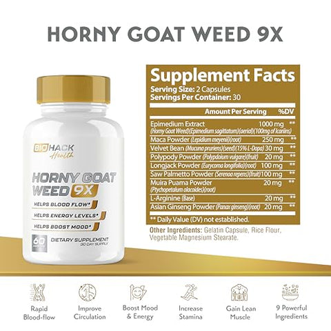 EPN Supplements - BioHack Health | Fórmula HornyGoatWeed 9 em 1 | 9 Ingredientes Ativos para Fluxo Sanguíneo e Energia