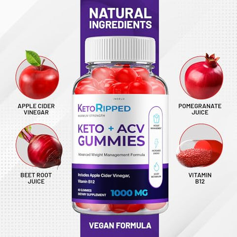 Indelo - (2 Pacotes) Gomas Keto Ripped ACV – Fórmula Avançada Gomas Keto Ripped ACV de Vinagre de Maçã – Suplemento Dietético de Gomas Ripped ACV de Vinagre de Maçã – Força Extra (120 Gomas)