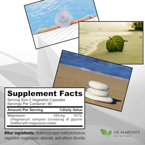 DR. MARTIN'S NUTRITION - Premium Magnesium Glycinate 425mg – 180 Cápsulas Veganas – Auxilia no Alívio do Estresse, Sono e Cãibras Musculares