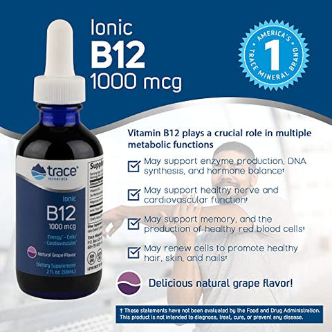 Vitamina B12 Líquida Iônica 1000 mcg | Suplemento Alimentar com Concentrace Minerais Iônicos de Espectro Completo | 59 Porções de 2 fl oz, 59 ml | Potencialize sua Saúde - Trace Minerals