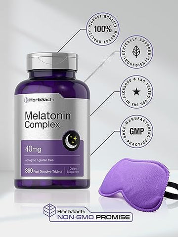 Melatonin 40mg Complex | 360 Comprimidos de Dissolução Rápida | Suplemento Extra Forte para Adultos | com Camomila e Ashwagandha | Vegetariano, Não-OGM, Sem Glúten - Horbäach