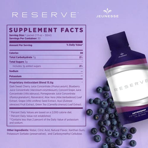 Reserve – Suplemento Nutricional Antioxidante de Frutas, 30ml, 30 Pacotes por Caixa (Pacote com 3) - Jeunesse Global