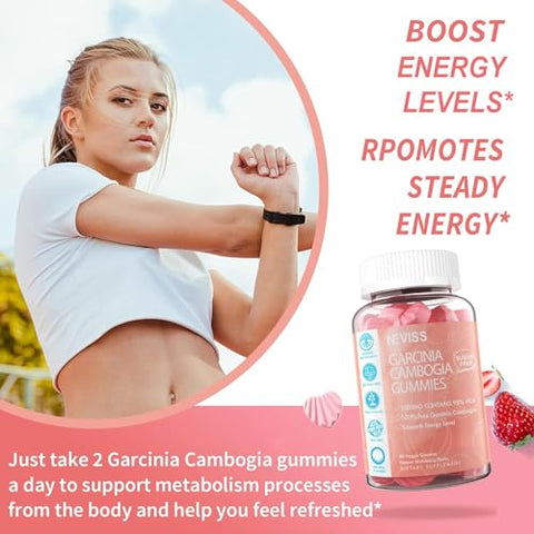NEVISS - Gummies Garcinia Cambogia Sem Açúcar 1000mg 95%% HCA com L-Carnitina, Cetona de Framboesa, Cromo, Café Verde para Metabolismo, Energia, Extrato Orgânico 100%%, Vegano