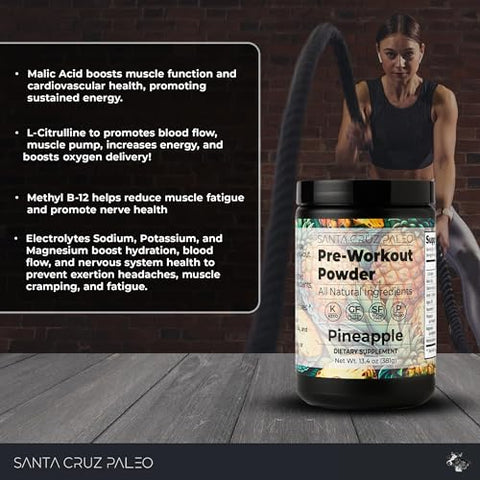 Natural Pré Treino em Pó, Abacaxi, Eletrólitos Pré-Treino Keto com Magnésio, Potássio, L-Citrulina, 150mg de Cafeína, Mistura para Bebida sem Açúcar para Energia - Santa Cruz Paleo