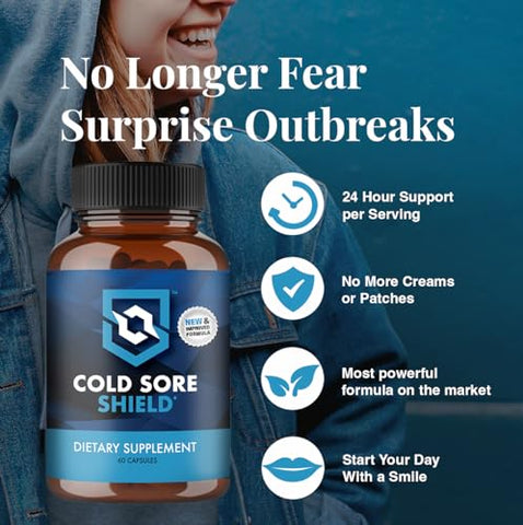 Cold Sore Shield - Suplemento Diário para Feridas Frias com L-Lisina | Não deixe uma ferida fria arruinar o seu momento | Tome diariamente | 60 unidades | Fabricado nos EUA