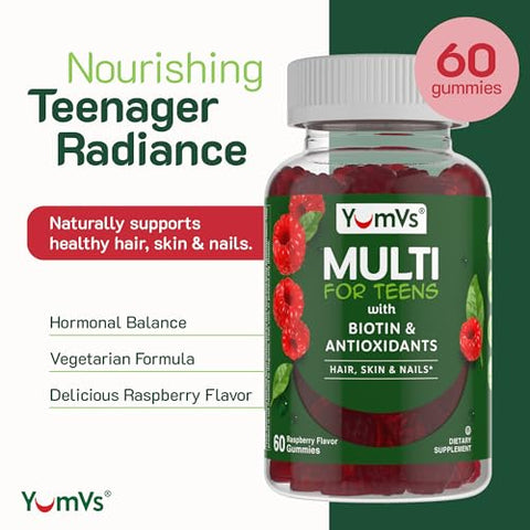 YUM-V'S - YumVs Gomas Multivitamínicas para Adolescentes com Biotina e Antioxidantes – Sabor Framboesa – Suporte para Cabelo, Pele e Unhas – Vitaminas Vegetarianas Kosher para Adolescentes de 12 a 17 anos – Gomas para Adolescentes