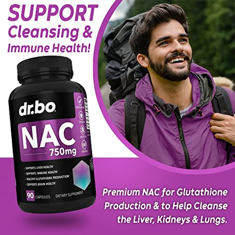 DR. BO - Suplemento NAC Cápsulas de N-Acetil Cisteína – 750mg Cápsula de Vitamina Pura de N-Acetil Cisteína – Fórmula Diária de Suporte ao Fígado para Limpeza Pulmonar, Desintoxicação Renal, Cérebro