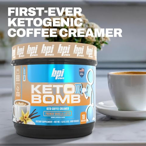 Keto Bomb – Energia, Hidratação e Perda de Gordura – MCT e Eletrólitos – Sem Açúcar com Cálcio – French Vanilla Latte, 18 Porções - BPI Sports