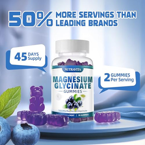 nutravita - Magnesium Glycinate Gummies 1000mg com Magnésio L-Treonato, Complexo de Magnésio Quelato de Potássio com VitD, B6, CoQ10, Cálcio, Suporte para Memória, Calma, Humor – 90 Gomas