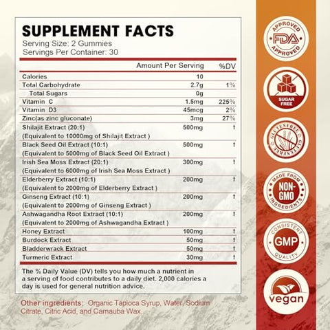 B BEWORTHS - Shilajit Resin Gummies: Suplemento de Musgo do Mar Irlandês com Óleo de Semente Preta, Ashwagandha e Ginseng Panax – 85 Minerais Traços