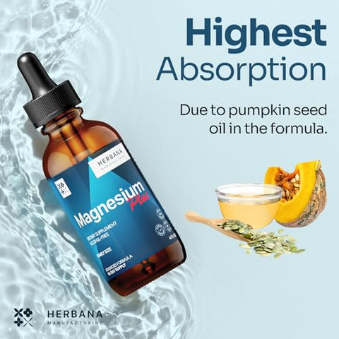 HERBANA MANUFACTURING - Triple Complex Magnesium 120 ml Liquid Drops – Avançado Complexo de Magnésio Citrato, Glicinato, L-treonato com Vitaminas B6, D, C – Alta Potência 100% Absorção – Família