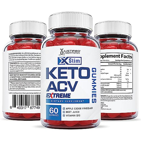 Justified Laboratories - Xslim Gummies Extreme Formula 2000MG ACV Keto Vegan Non GMO com Suco de Romã, Beterraba e B12 60 Gummys
