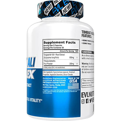 Nutrition Tongkat Ali – Suplemento Vitalidade para a Saúde Masculina – 800mg Tongkat Ali 200mg Tribulus – Suporte de Desempenho – Cápsulas Veganas Livres de Glúten – 30 Porções - Evlution