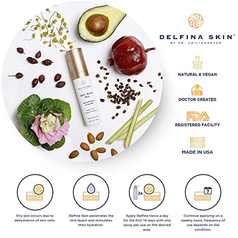 Delfina Skin - Óleo Delfina para Pele Seca – Tratamento para Eczema e Psoríase | Absorção Rápida e Mais Eficaz que Loção para Pele Extremamente Seca, Rachada e Irritada | Seguro para Todas as Idades