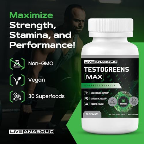 TestoGreens Max: Suplemento Diário de Cápsulas Verdes para Homens, Suporte Natural aos Hormônios Masculinos, Energia Aprimorada - Live Anabolic