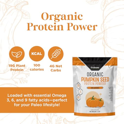 Probase Nutrition - Proteína em Pó de Semente de Abóbora Orgânica, Vegana, Sem Sabor, Sem Açúcar Adicionado, Livre de Glúten e Soja, Amigável para Paleo e Keto, 454g – Extraído a Frio