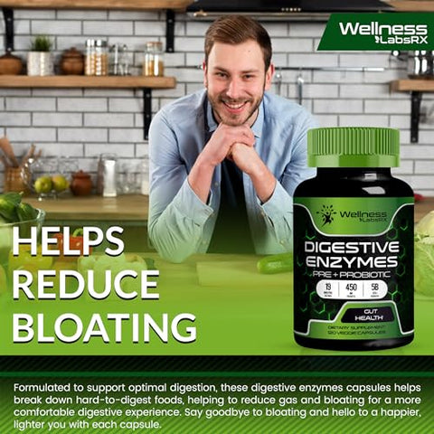 WELLNESS LABSRX - Enzimas Digestivas com Probióticos e Prebióticos – 450mg – 5 Bilhões de UFCs – Cápsulas de Super Enzimas Pura para Digestão – Enzimas Digestivas para Mulheres