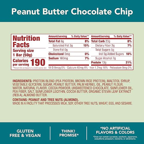 THINK - think! Barras Veganas/à base de plantas de alta proteína – Manteiga de Amendoim com Gotas de Chocolate, 13g Proteína, 5g Açúcar, Sem Adoçantes Artificiais, Verificado pelo Projeto Non GMO, 10 Unidades (Embalagem pode variar)
