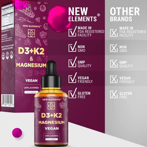 New Elements - VIT D3 K2 Líquido 10000UI com Magnésio Glicinato 5mg | Gotas de VIT D3 K2 para Adultos | Mk7 Vitamina K2 100mcg | Suplemento de Vitamina D3 K2 para Homens