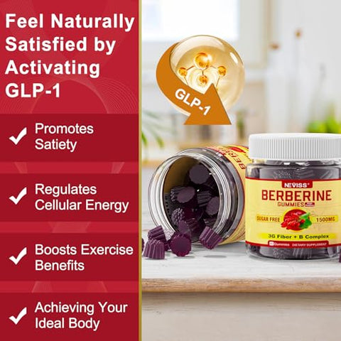 NEVISS - Berberine Gummy 1500mg | Suplemento de Berberina 3g com Fibra Prebiótica Inulina | Sem Açúcar | AMPK