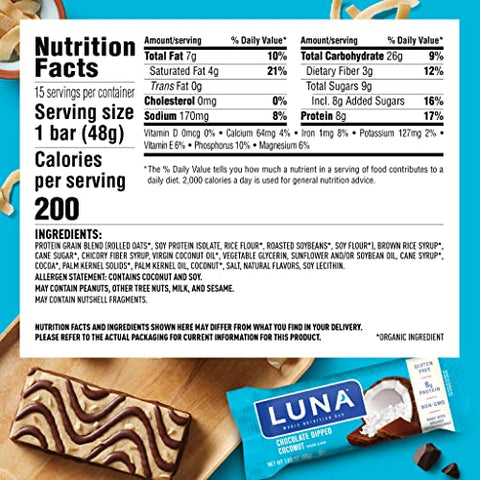Clif Bar - LUNA BAR – Barras de Lanche sem Glúten – Sabor Coco com Chocolate – 8g de Proteína – Não-OGM – Lanche Saudável à Base de Plantas – Snacks para Levar (Barras de Lanche de 48g, 15 Unidades)