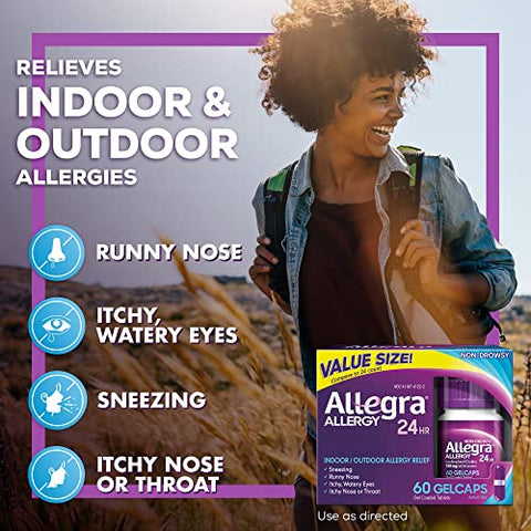 Adulto 24HR Gelcaps Antialérgico Não Sonolento, 60 Unidades, Alívio Rápido dos Sintomas de Alergia, 180 mg - Allegra