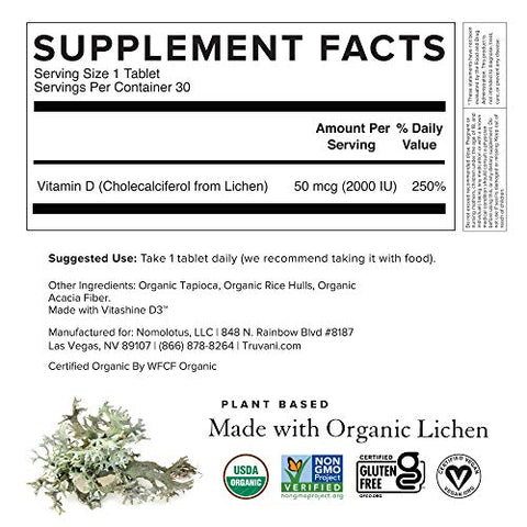 Vitamina D3 Orgânica – Baseada em Plantas, Certificada USDA Orgânica, Livre de Glúten, Não-OGM, Suplemento Vegano D3 – Suporta os Ossos, Imunidade - Truvani
