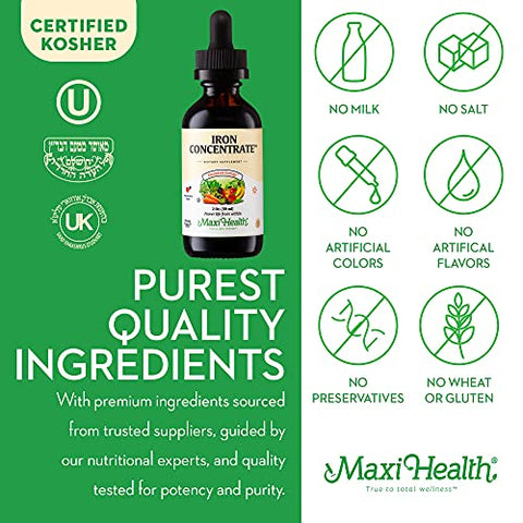Maxi Health - Suplemento Líquido de Ferro para Mulheres, Homens e Crianças – 15 mg por mL Sabor de Frutas Vermelhas – Alta Potência – Fácil de Misturar para Absorção Imediata – Aumente os Níveis de Energia e Sangue Sem