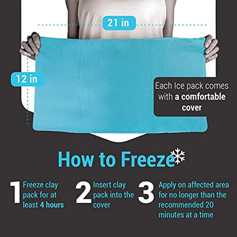 12″x21″ – Bolsa de Gelo Extra Grande com Capa de Tecido Macio | Bolsa de Gelo de Argila para Fisioterapia | Bolsas de Gelo Macias Reutilizáveis Azuis - ICEWRAPS