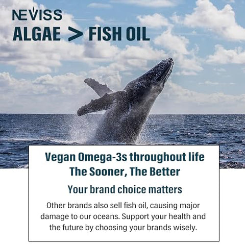 NEVISS - Gomas Veganas de Ômega 3 1000mg, Alternativa ao Óleo de Peixe Ômega 3, Suplemento de Ômega 3 de Algas Marinhas DHA 460mg, EPA 230mg c/ Vitamina B12, Ácido Fólico, PS para Cérebro, Osso, Articulação, Olhos