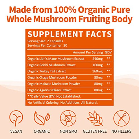 GANOHERB - Complexo de Cogumelos 6 em 1 – 800mg de Suplemento com Extrato Orgânico de Cogumelos Frutíferos – Leão da Montanha, Reishi, Cauda de Peru, Chaga, Maitake, Agaricus Blazei – 60 Cápsulas Vegetais